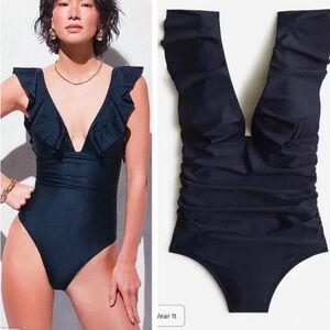 J. Crew / NWT Navy Deep V Ruffle One Piece Swimsuit Bathing Suit
